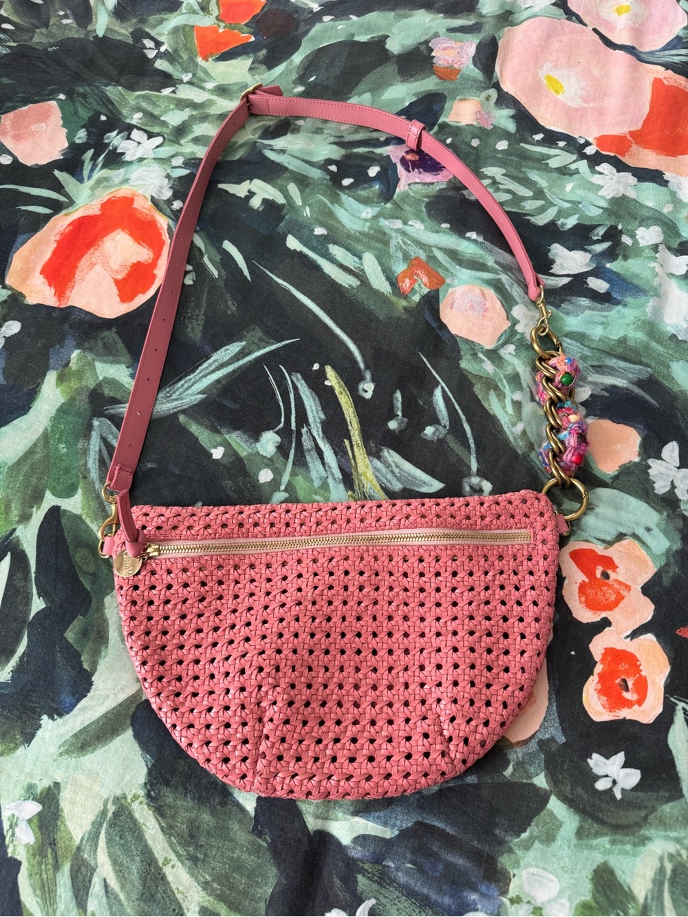 Woven Pink Half-Moon Crossbody Bag with Chain Accent